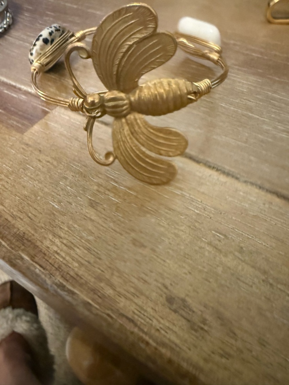 Gold Bee Wire Bangle Bracelet with Stone Accents
